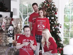 Brunette Fucks With Boy Behind Sofa While Parents Watch TV